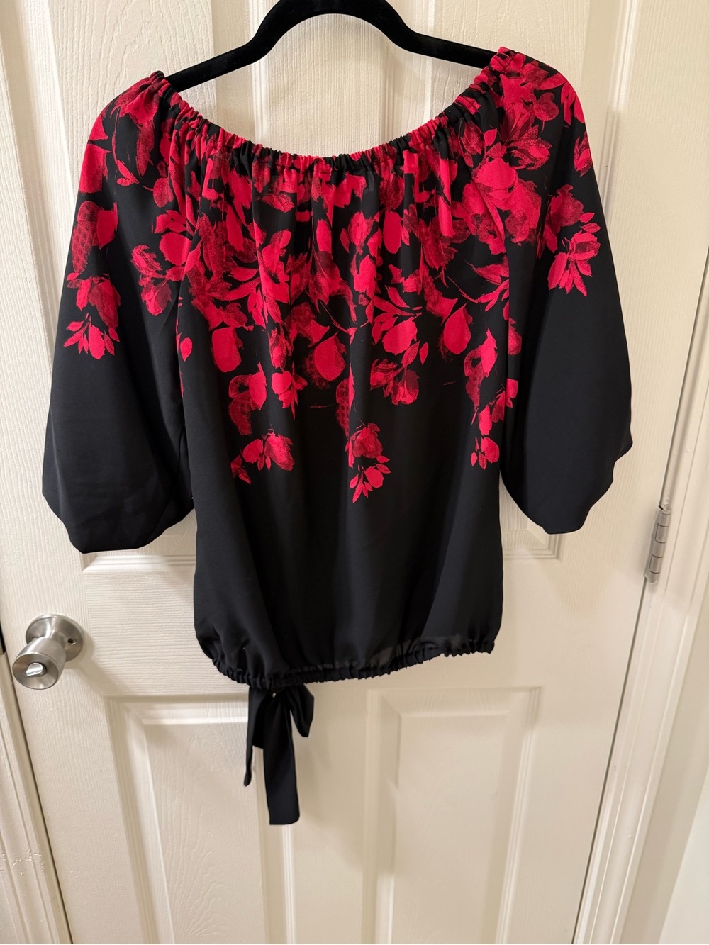 SAM. Black Off-the-Shoulder Top with Pink-Red Floral Print